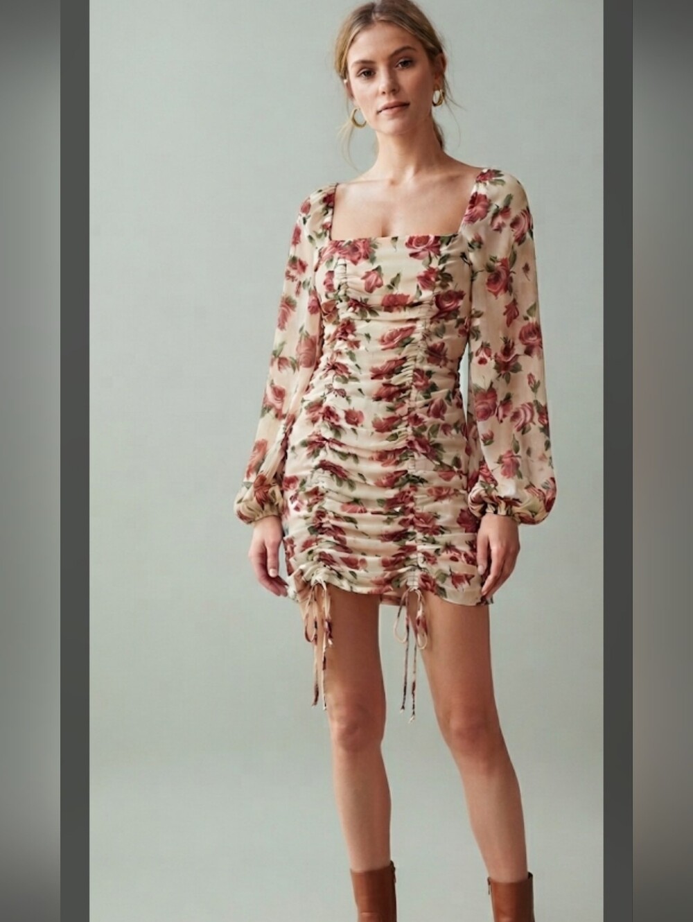 Miss Lola Floral Square Neck Ruched Long Sleeve Mini Dress Size Small